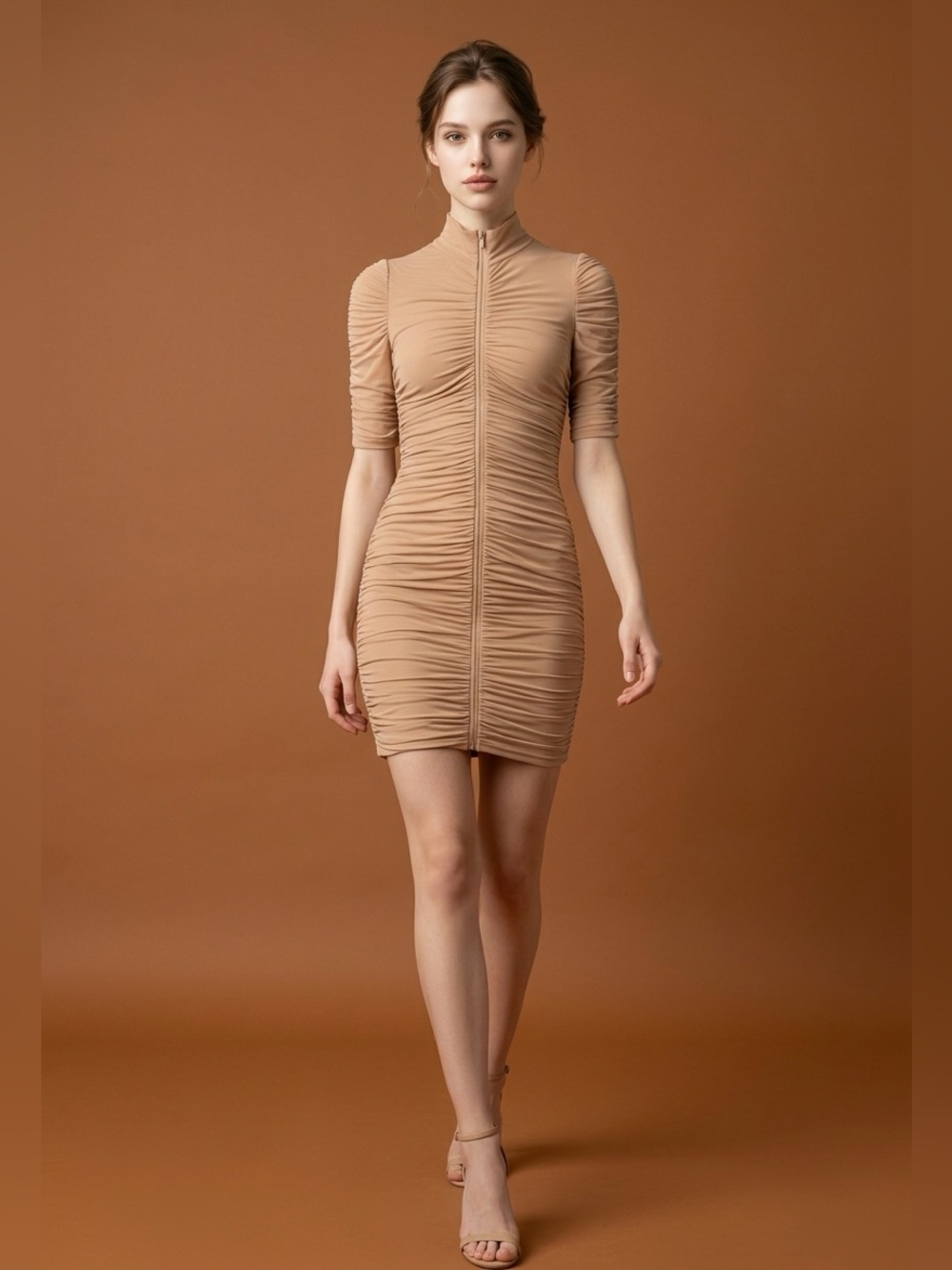 Black Halo Women's Meadow Mini Ruched Mesh Bodycon Honey Beige CLUB Dress 4